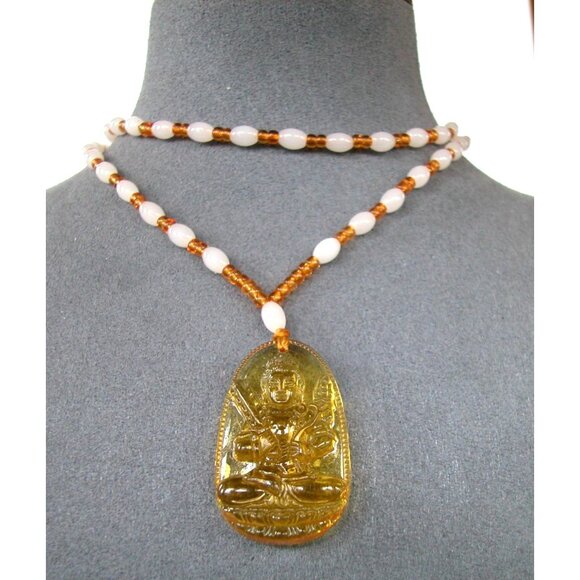 Amber Buddha Pendant Necklace With Beaded Chain 24" - Picture 3 of 6